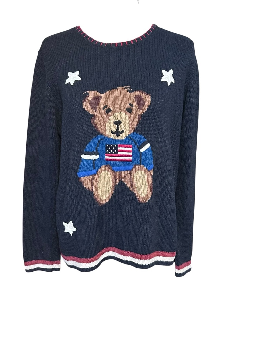 VTG Sag Harbor Sports Teddy Bear Sweater Womens M Patriotic Americana Preppy